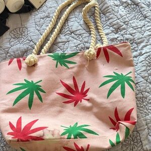Pink and Green Leaf Print Tote Bag
